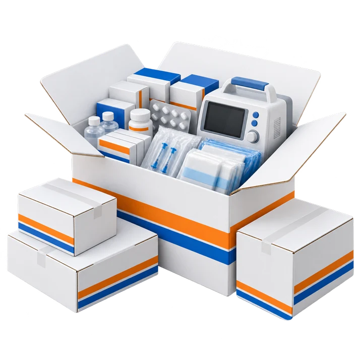 3D illustration of Ease Medicals supply boxes ready for delivery
