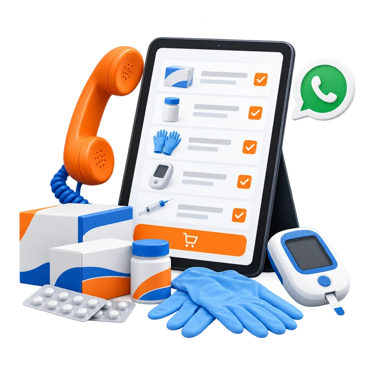 3D illustration of an online medical order form, WhatsApp and phone request