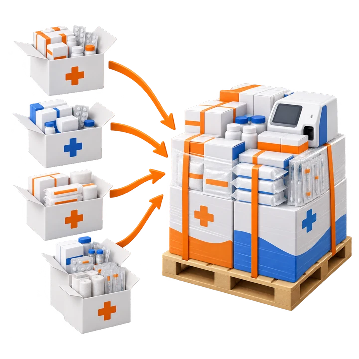 3D illustration of medical orders consolidated into a bulk shipment